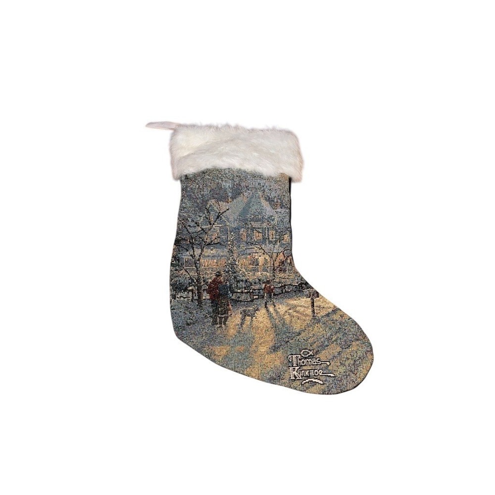 Thomas Kinkade Christmas tapestry Stocking Winter Village Scene Faux Fur Cuff 18